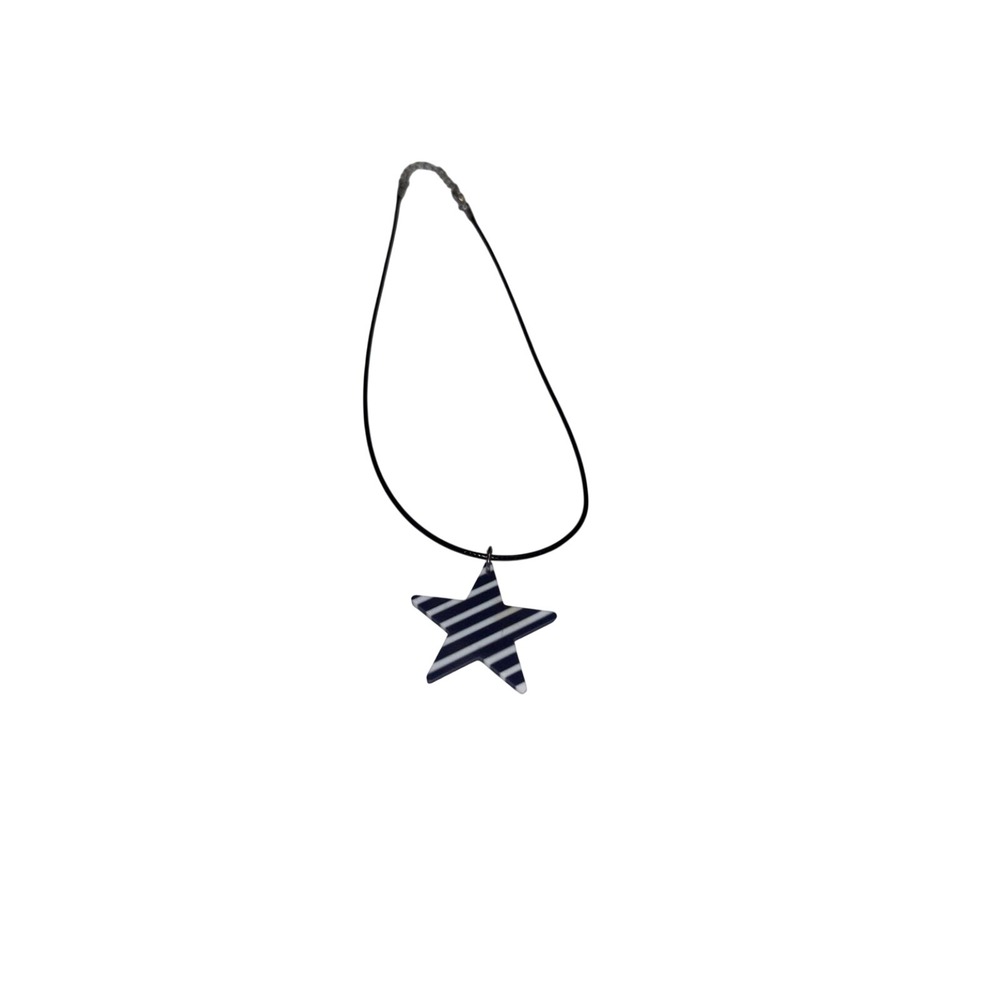 Blue White Striped Star Pendant Necklace Nautical Patriotic Cord